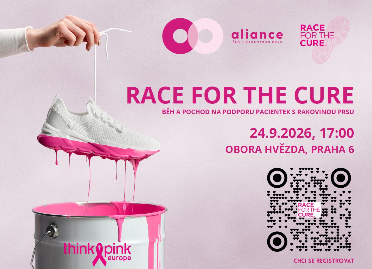 Plakát Race for the Cure 2026 – 24. 9. 2026, 17:00, Obora Hvězda, Praha 6 – QR kód pro registraci
