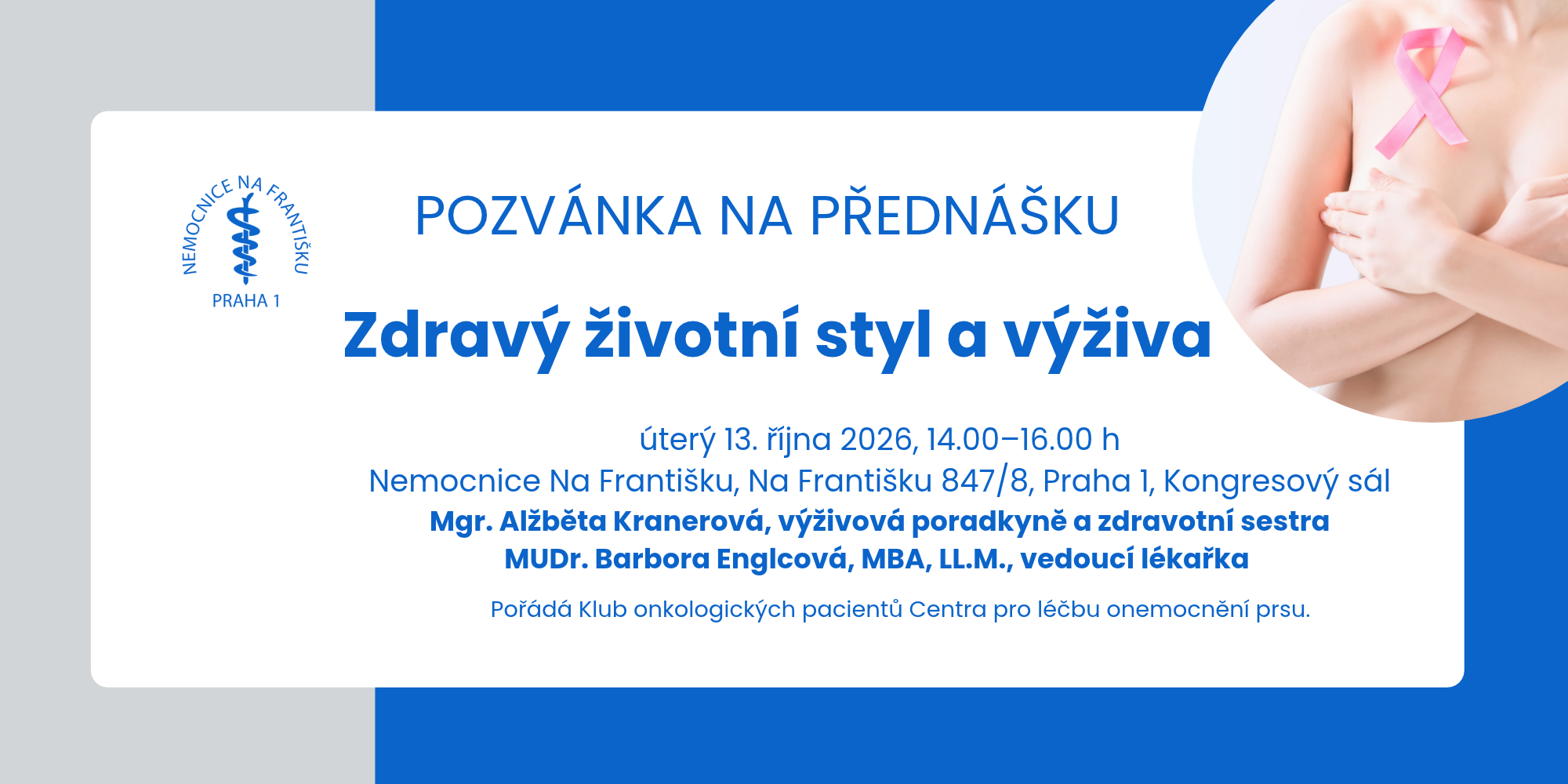 Pozvánka přednáška Zdravý životní styl a výživa - akce Klubu onkologických pacientů